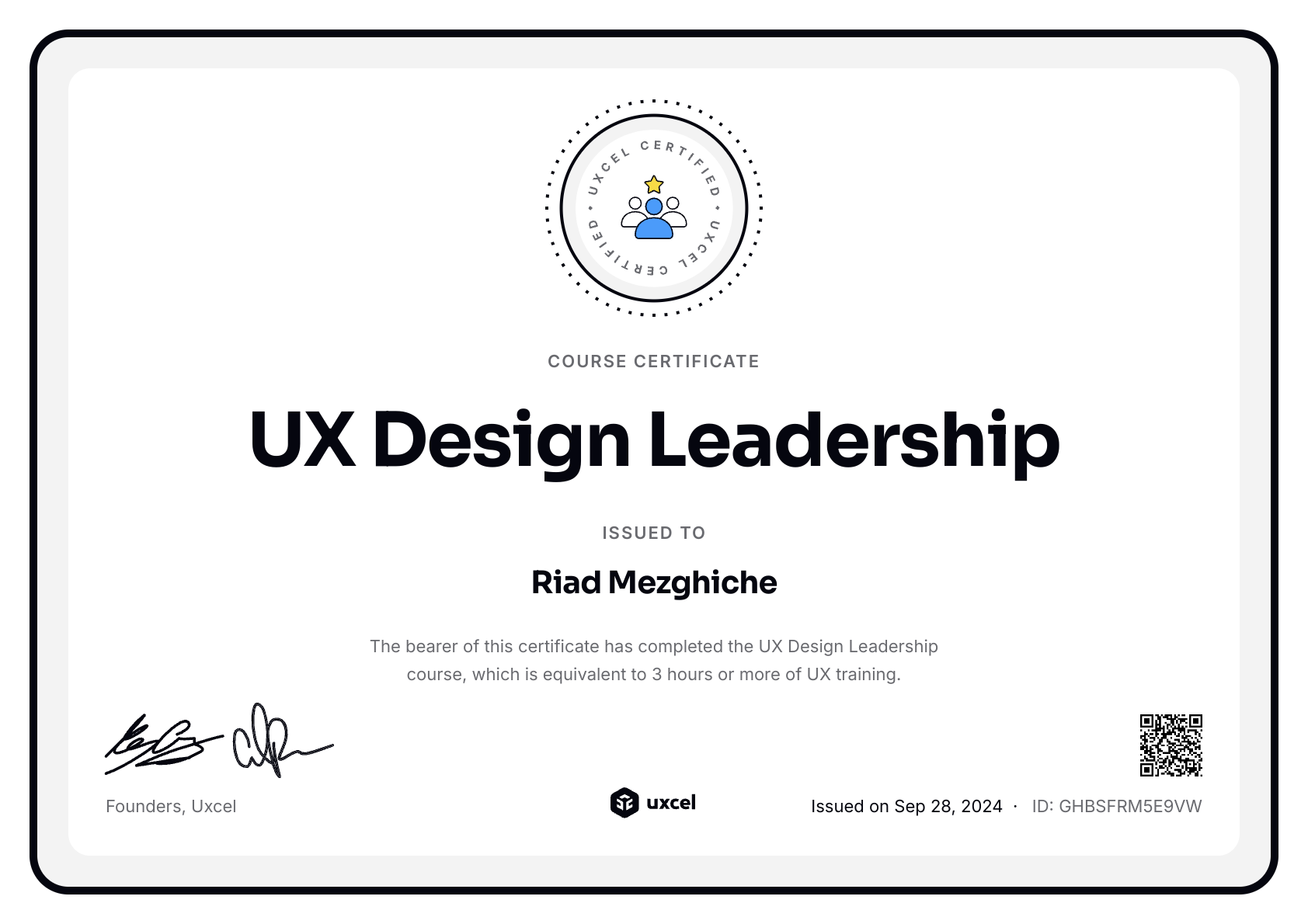 Riad Mezghiche's certificate